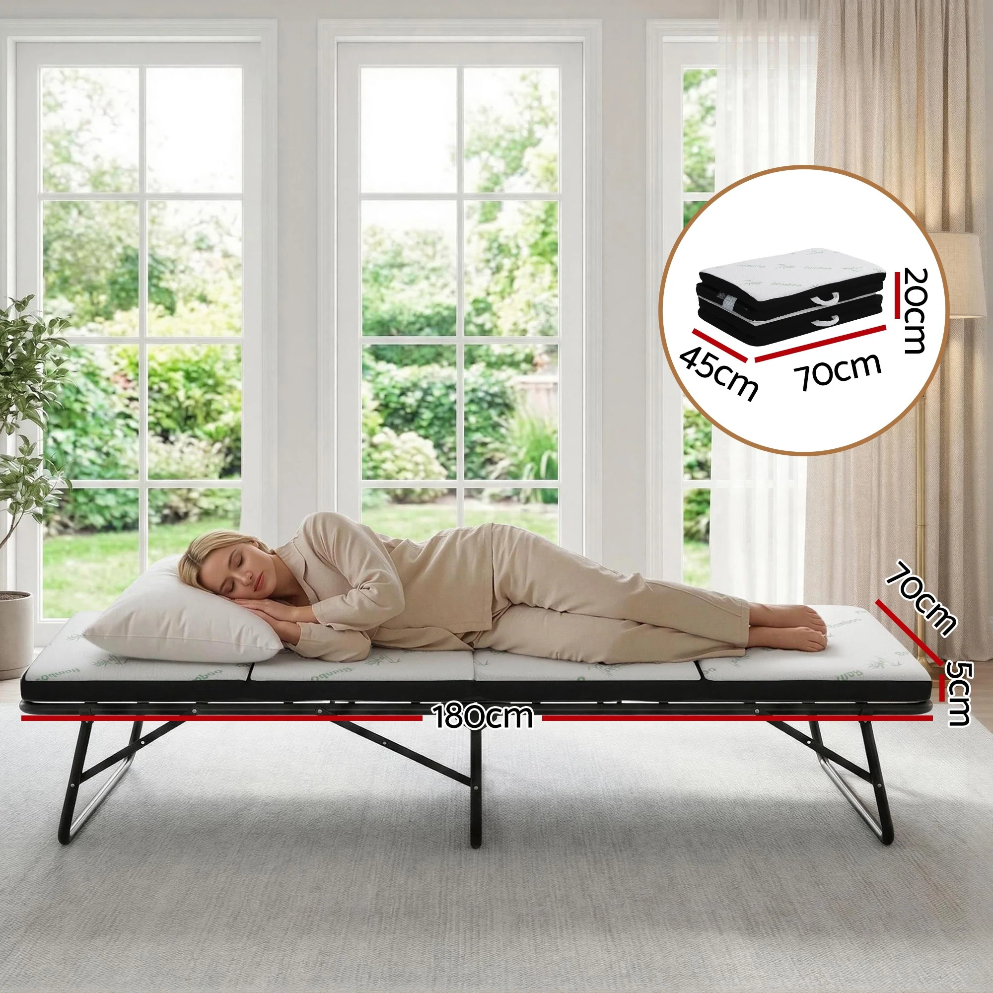 Giselle 4-Fold Folding Mattress 5cm Bamboo Foam Foldable Camping Guest Portable Bed Mat - Image 2
