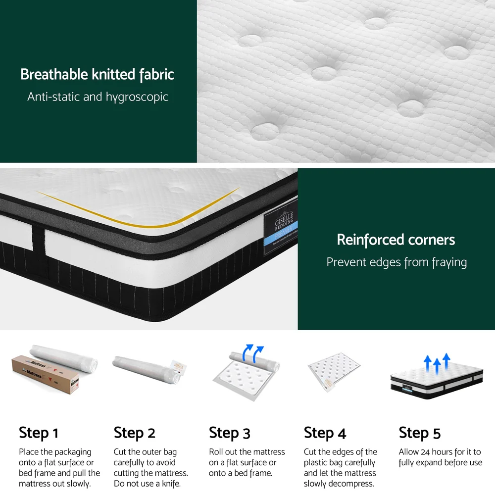 Giselle Bedding 30cm Mattress Medium Firm Euro Top Pocket Spring Hybrid Mattresses King Single - Image 6