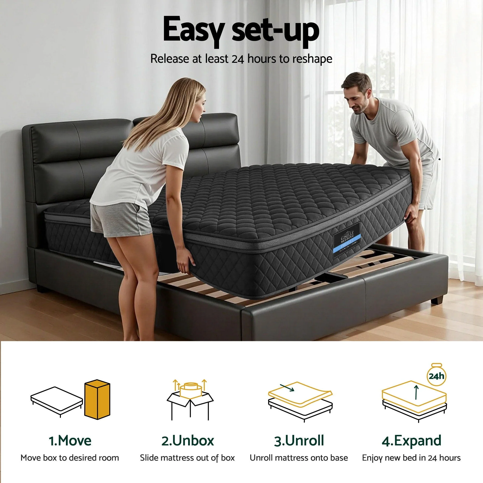 Giselle Bedding Double Mattress 34cm Euro Top with 5-Zone Pocket Spring Support Black - Image 10