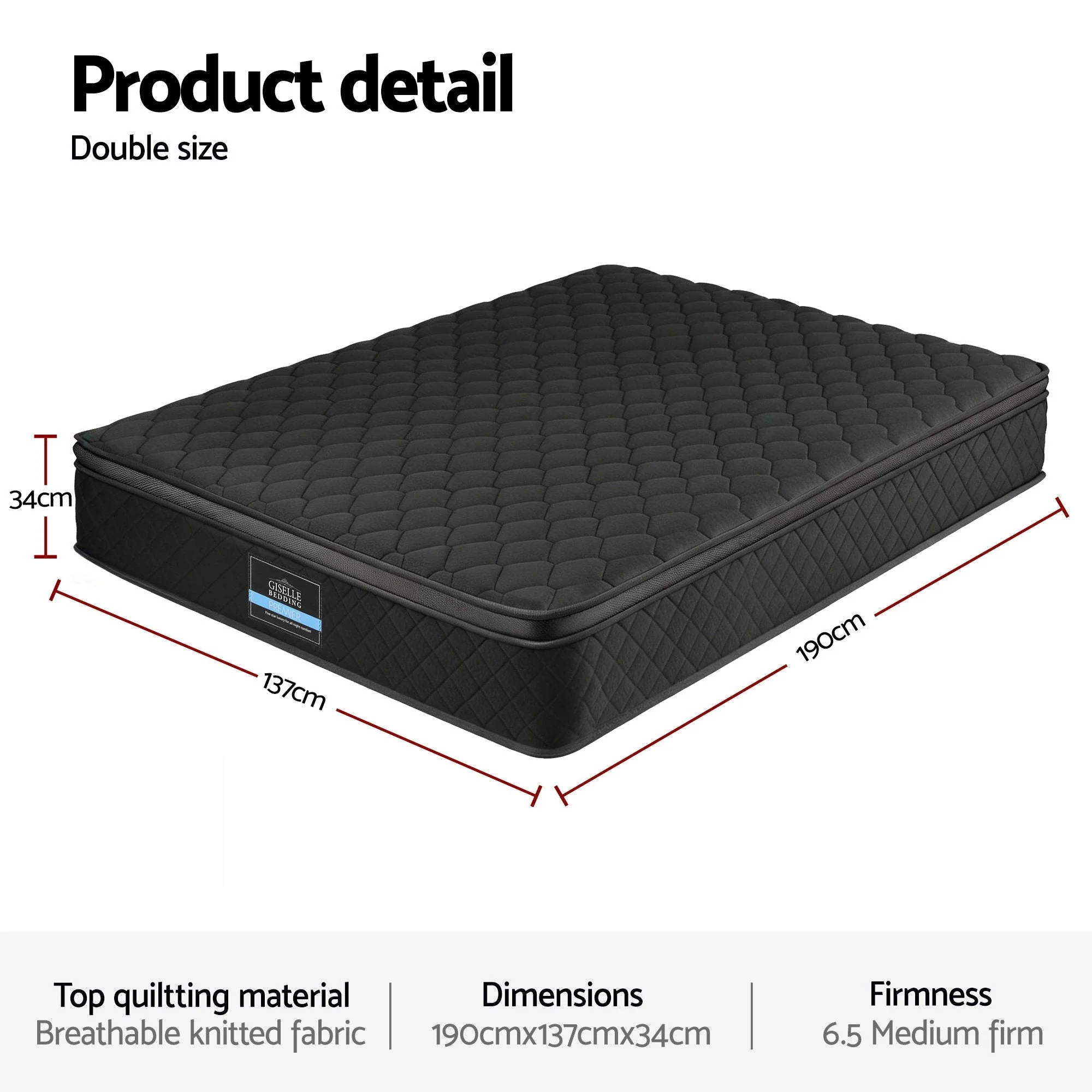 Giselle Bedding Double Mattress 34cm Euro Top with 5-Zone Pocket Spring Support Black - Image 2