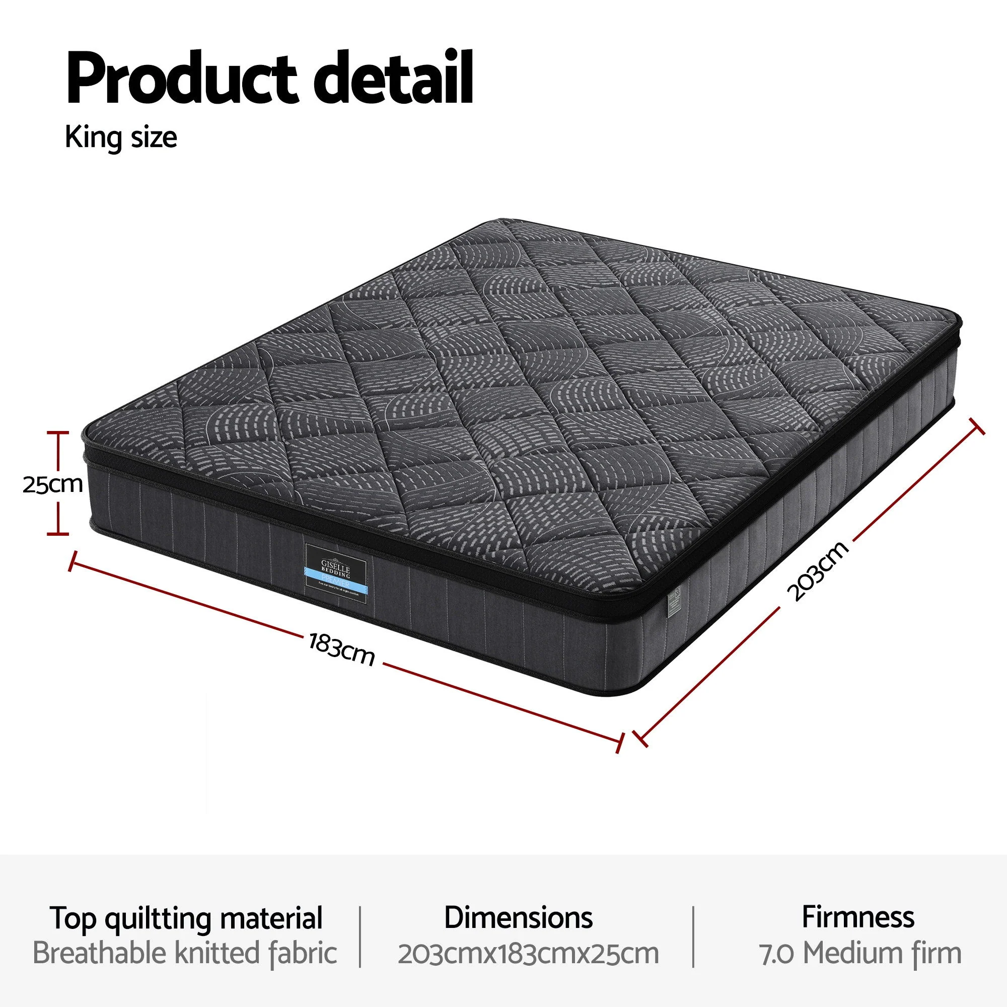 Giselle Bedding King Mattress 25cm Pocket Spring Latex Euro Top Medium Firm Bed - Image 2