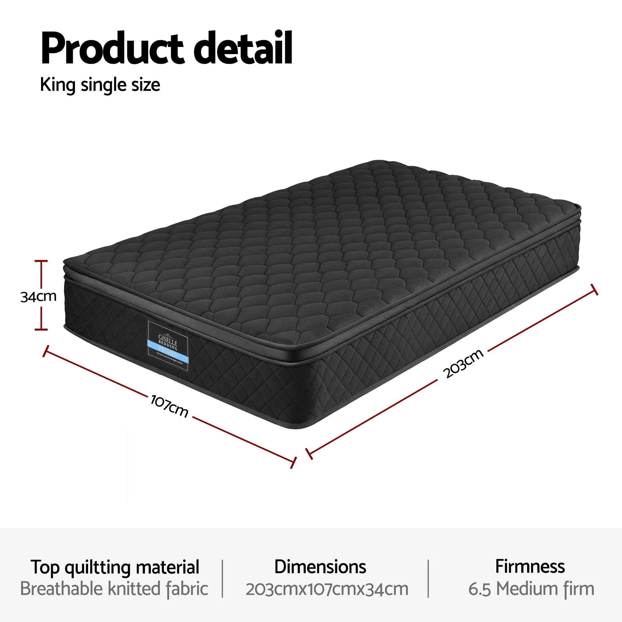 Giselle Bedding King Single Mattress 34cm Euro Top with 5-Zone Pocket Spring Support Black - Image 2