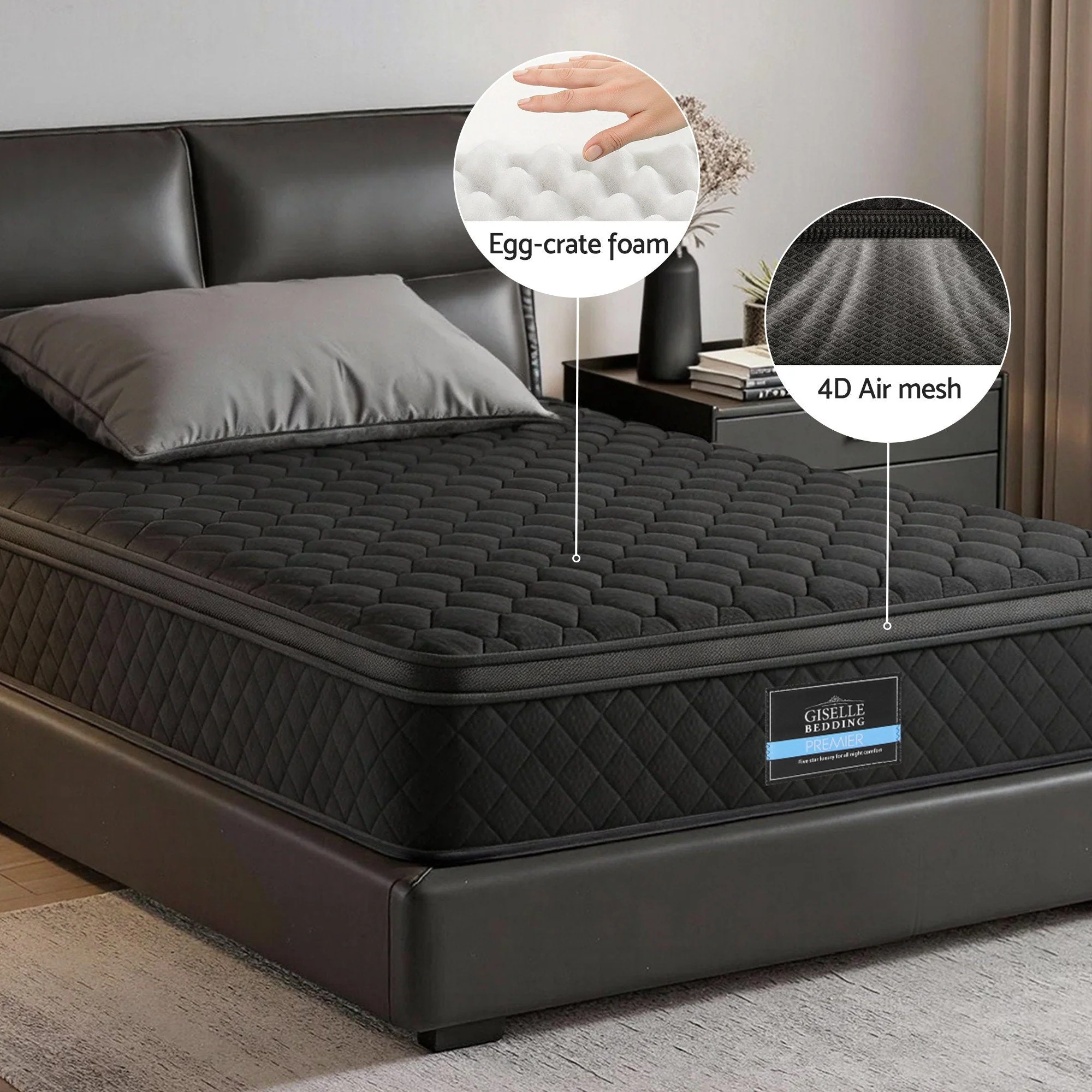 Giselle Bedding King Single Mattress 34cm Euro Top with 5-Zone Pocket Spring Support Black - Image 4