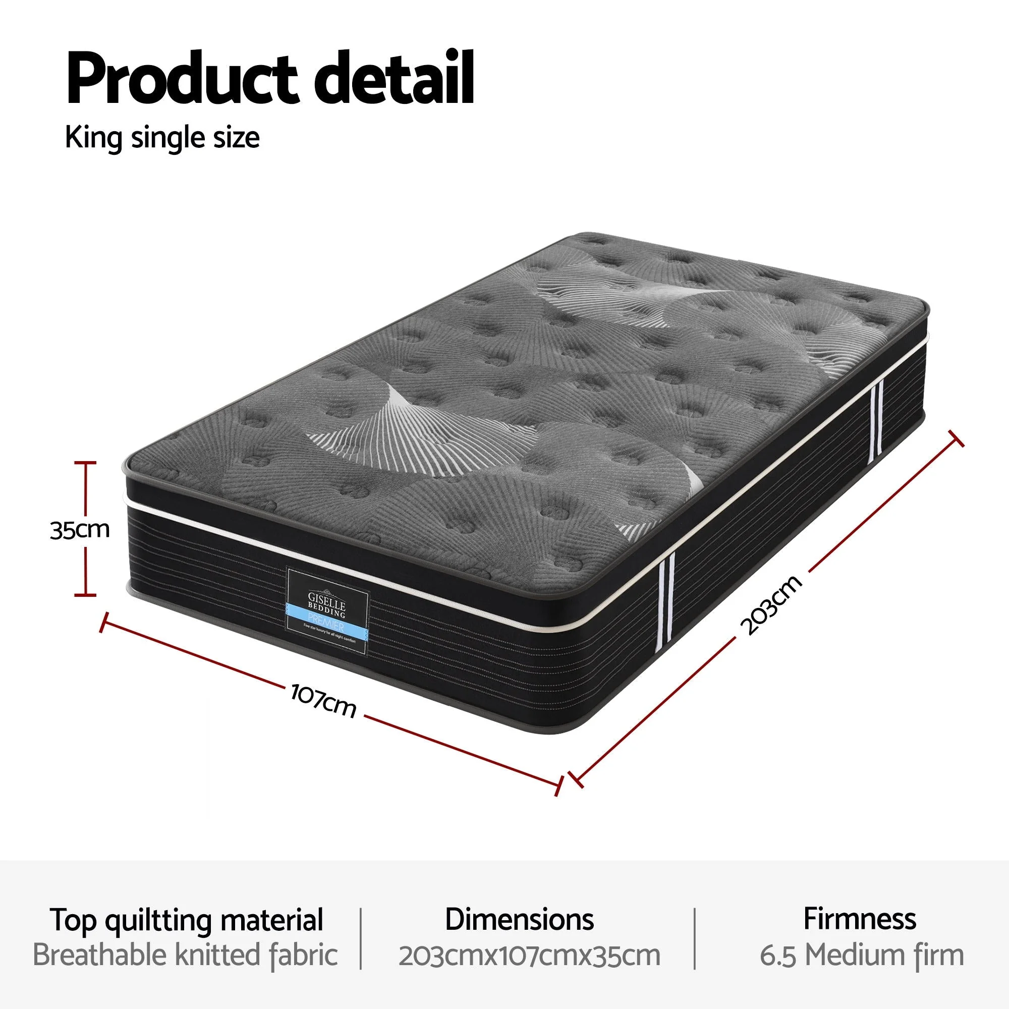 Giselle Bedding King Single Mattress 35cm Euro Top with Graphene Cooling Comfort Medium Firm - Image 2