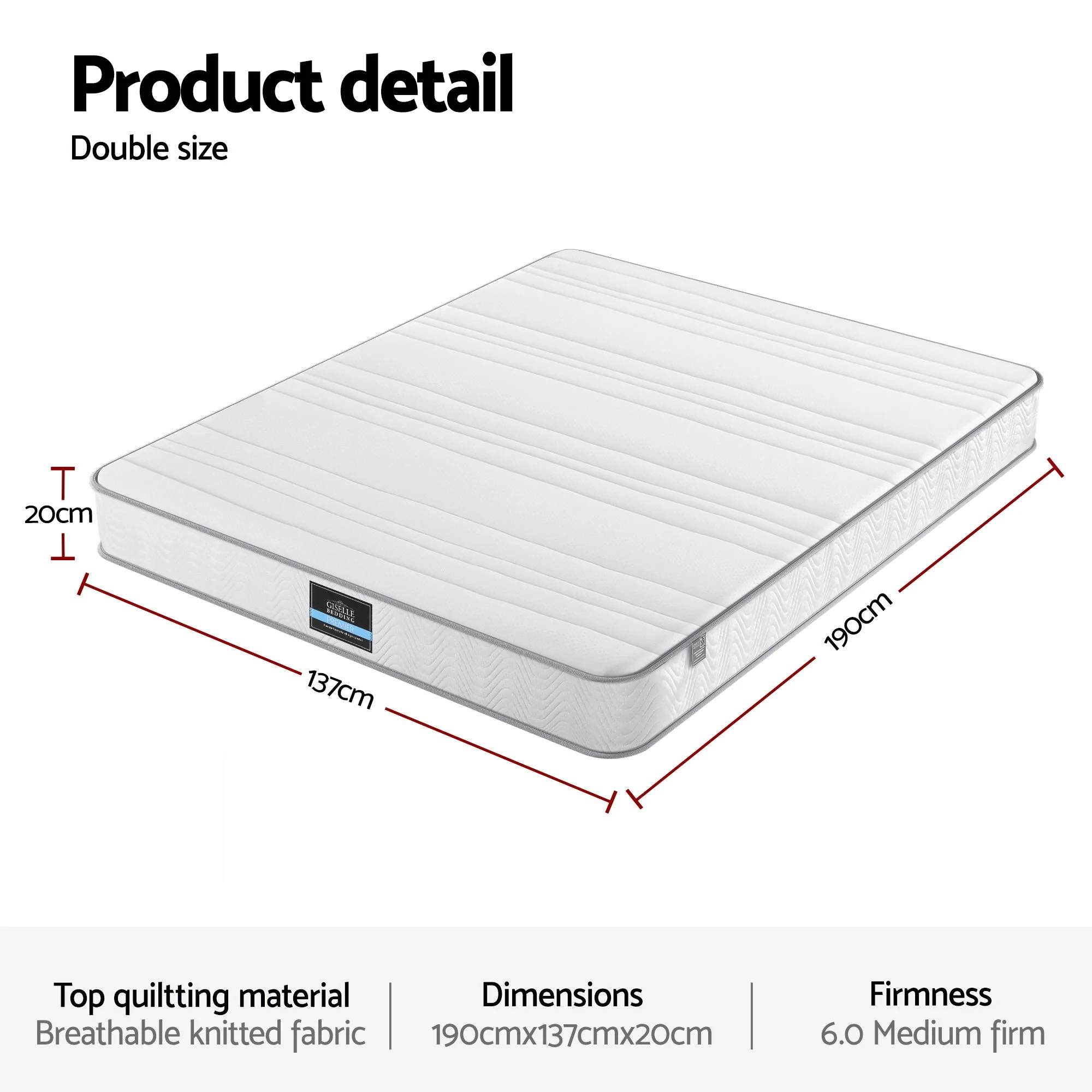 Giselle Double Mattress 20cm with Reinforced Edge Support Egg-Crate Foam - Image 2