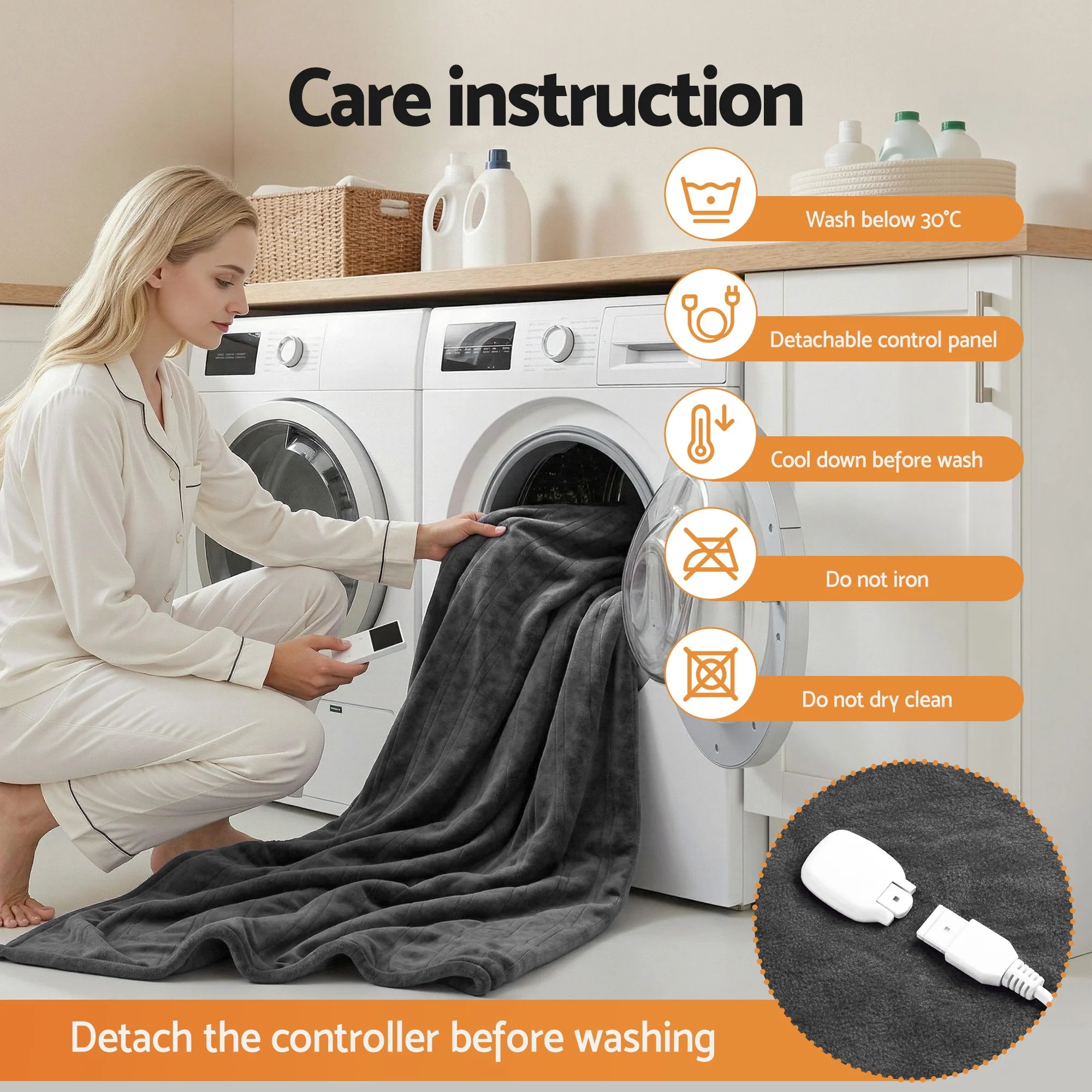 Giselle Electric Throw Rug Double Size 200x180cm Coral Fleece Heated Blanket Grey - Image 10