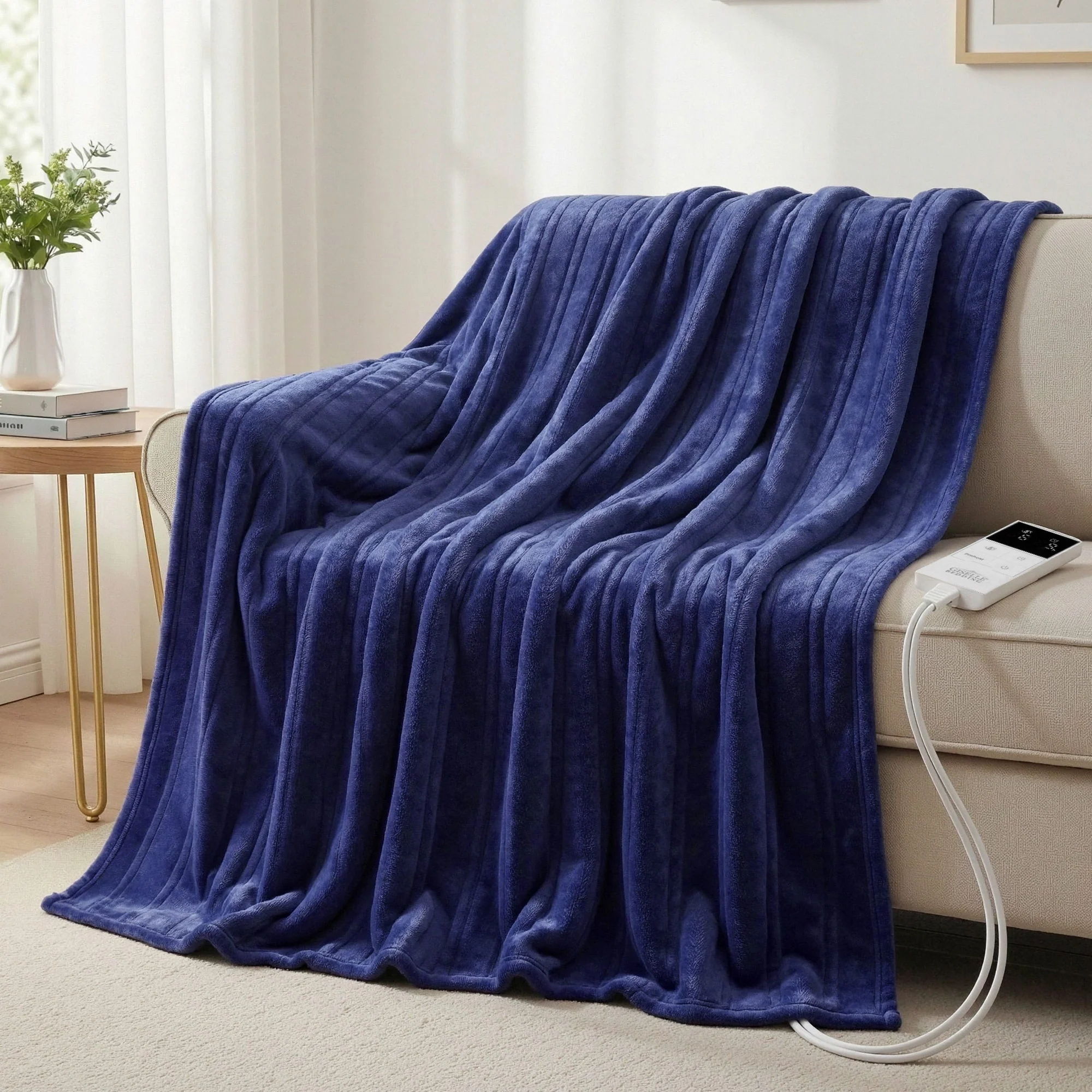 Giselle Electric Throw Rug Double Size 200x180cm Coral Fleece Heated Blanket Navy Blue - Image 11