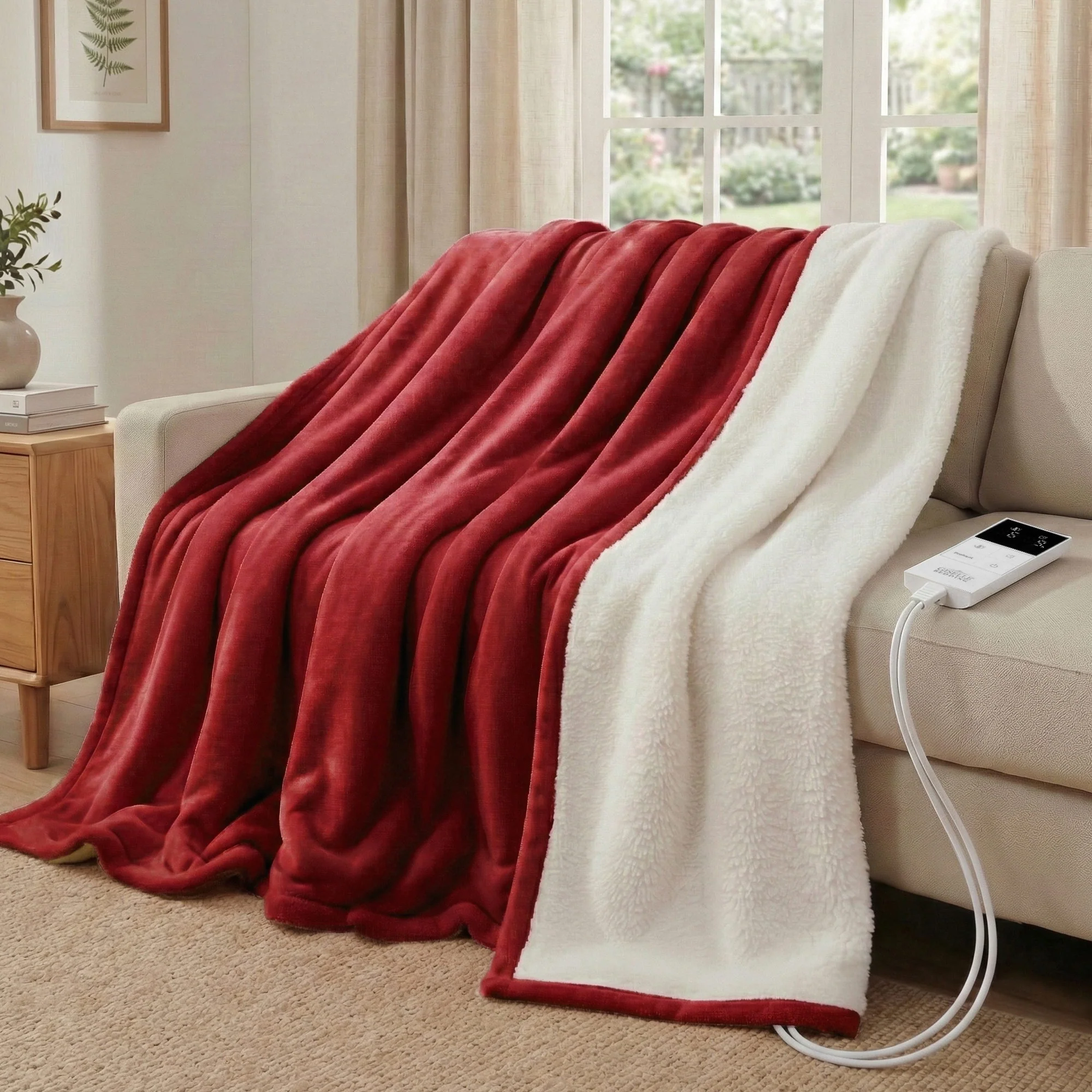 Giselle Electric Throw Rug Double Size 200x180cm Fleece Flannel Heated Blanket Burgundy - Image 11