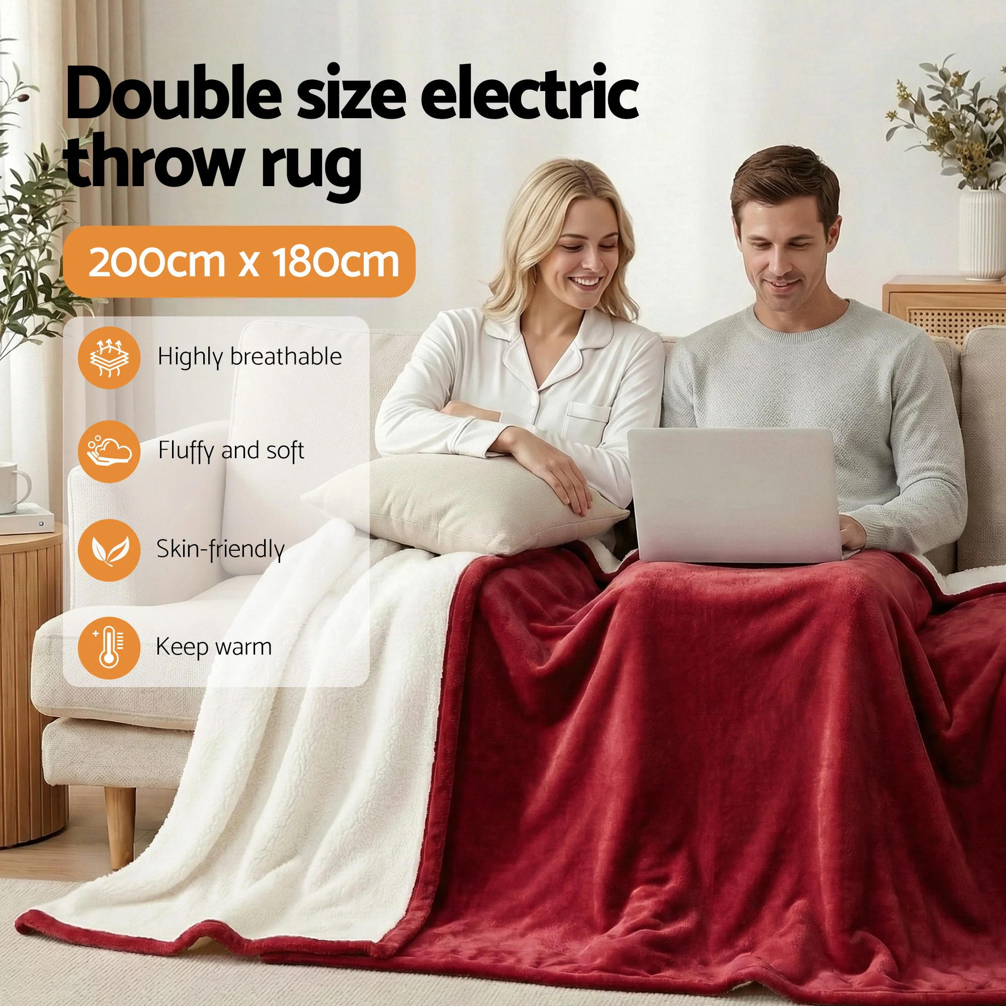 Giselle Electric Throw Rug Double Size 200x180cm Fleece Flannel Heated Blanket Burgundy - Image 4
