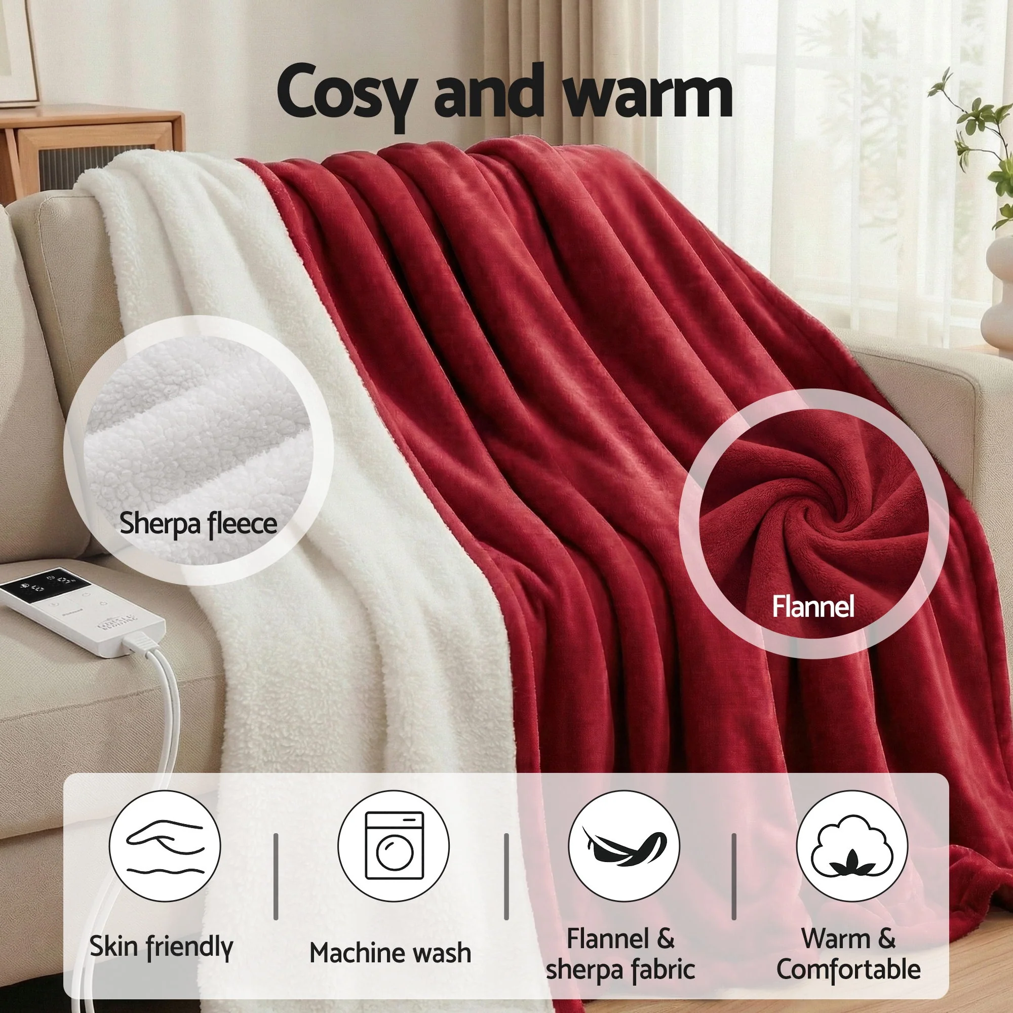 Giselle Electric Throw Rug Double Size 200x180cm Fleece Flannel Heated Blanket Burgundy - Image 8