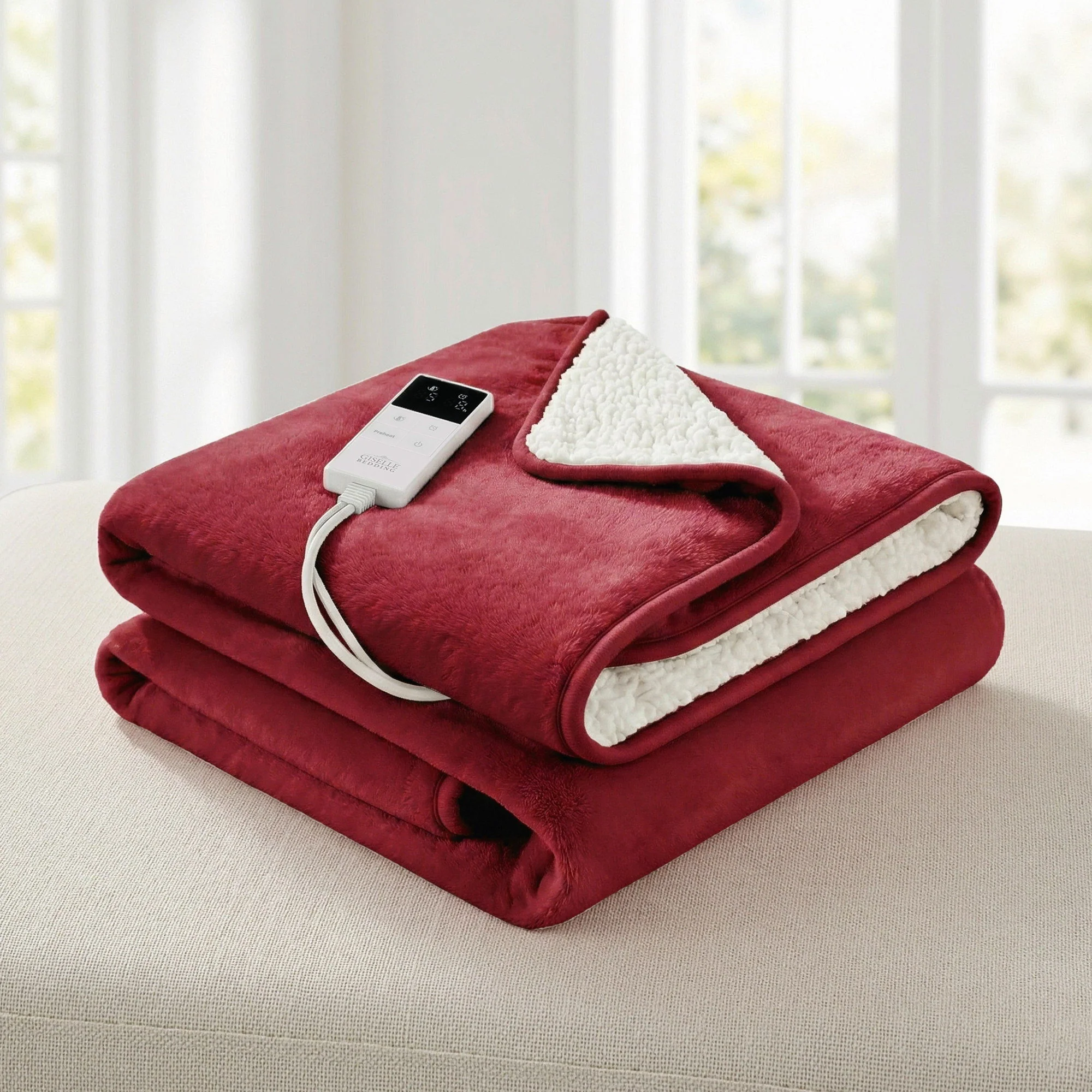 Giselle Electric Throw Rug Dual Side Fleece Flannel Heated Blanket Burgundy - Image 11