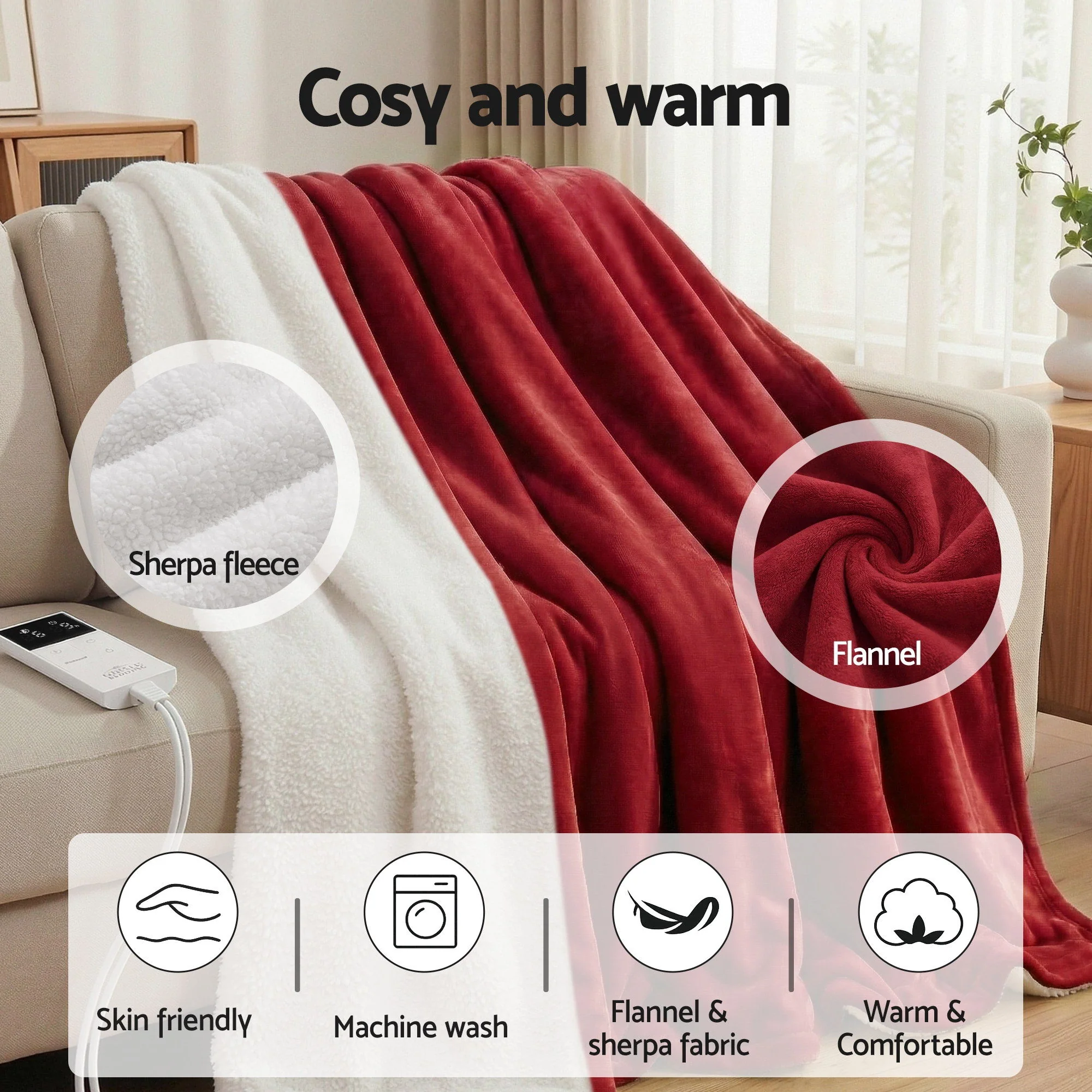 Giselle Electric Throw Rug Dual Side Fleece Flannel Heated Blanket Burgundy - Image 8