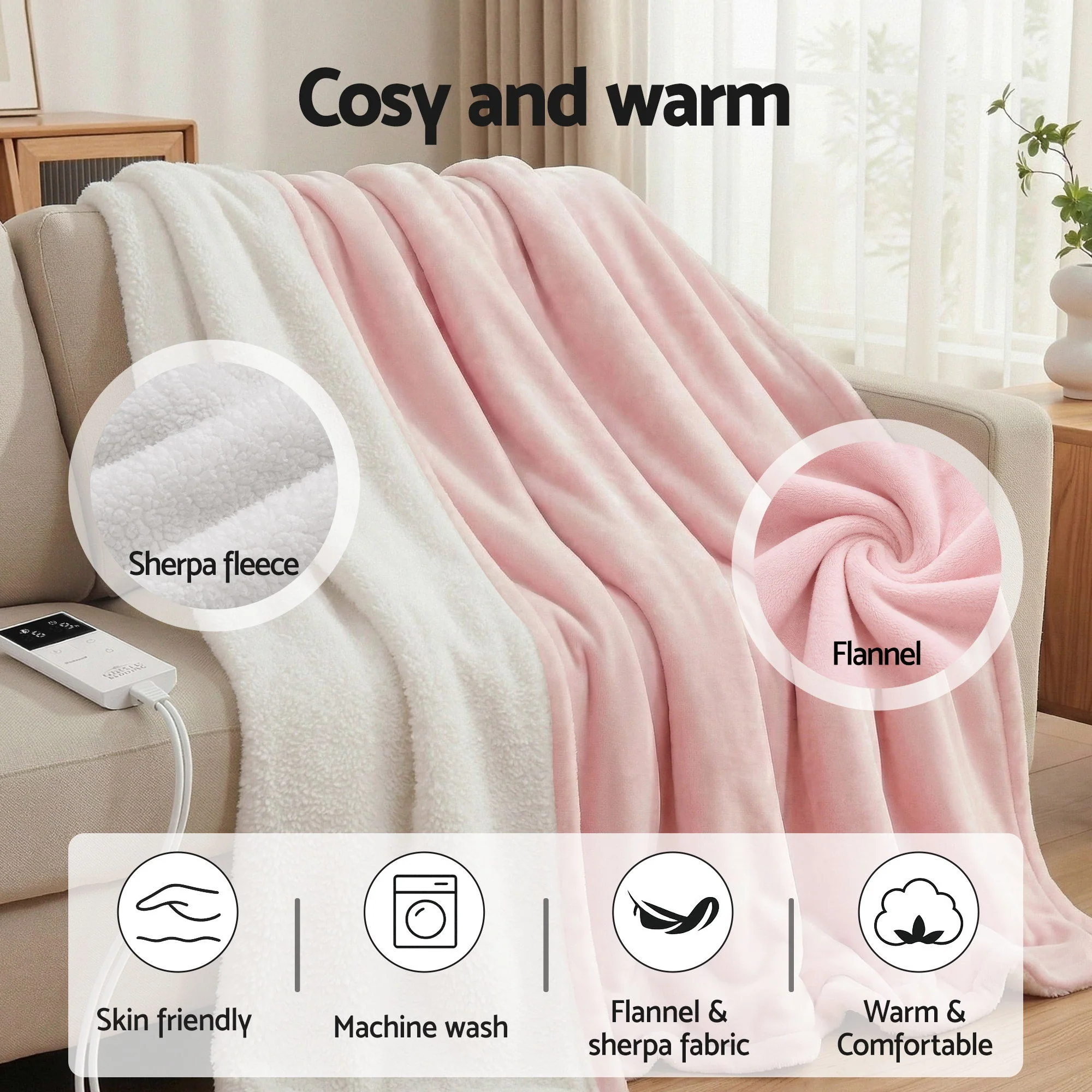 Giselle Electric Throw Rug Dual Side Fleece Flannel Heated Blanket Pink - Image 8