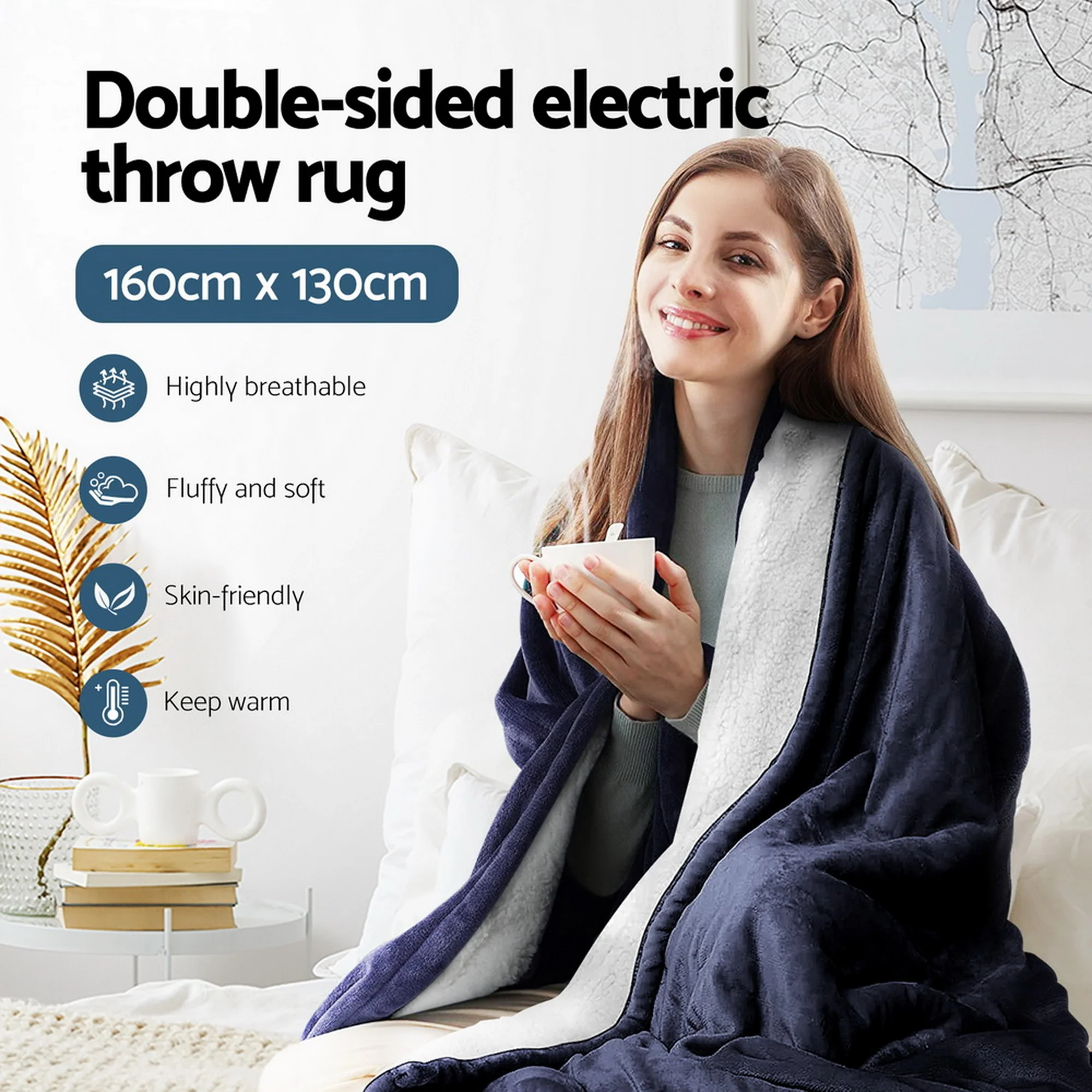 Giselle Electric Throw Rug Heated Blanket Fleece Navy Blue - Image 4