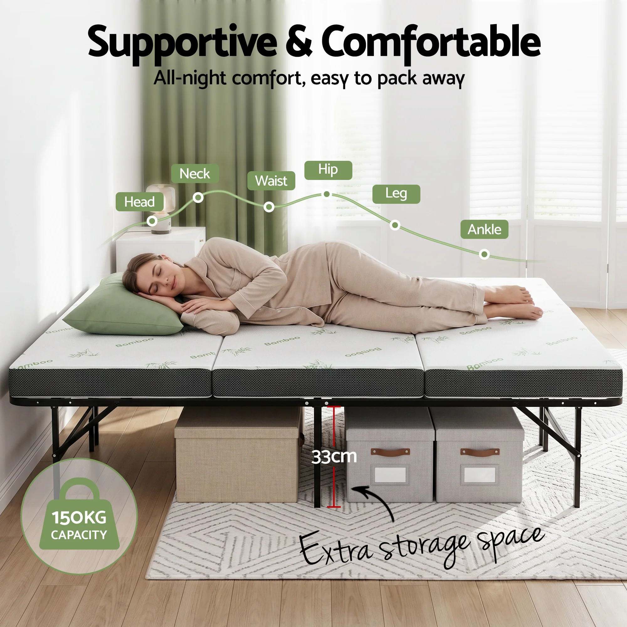 Giselle Folding Bed with Mattress Double Portable Foldable Guest Bed Bamboo Cover - Image 4