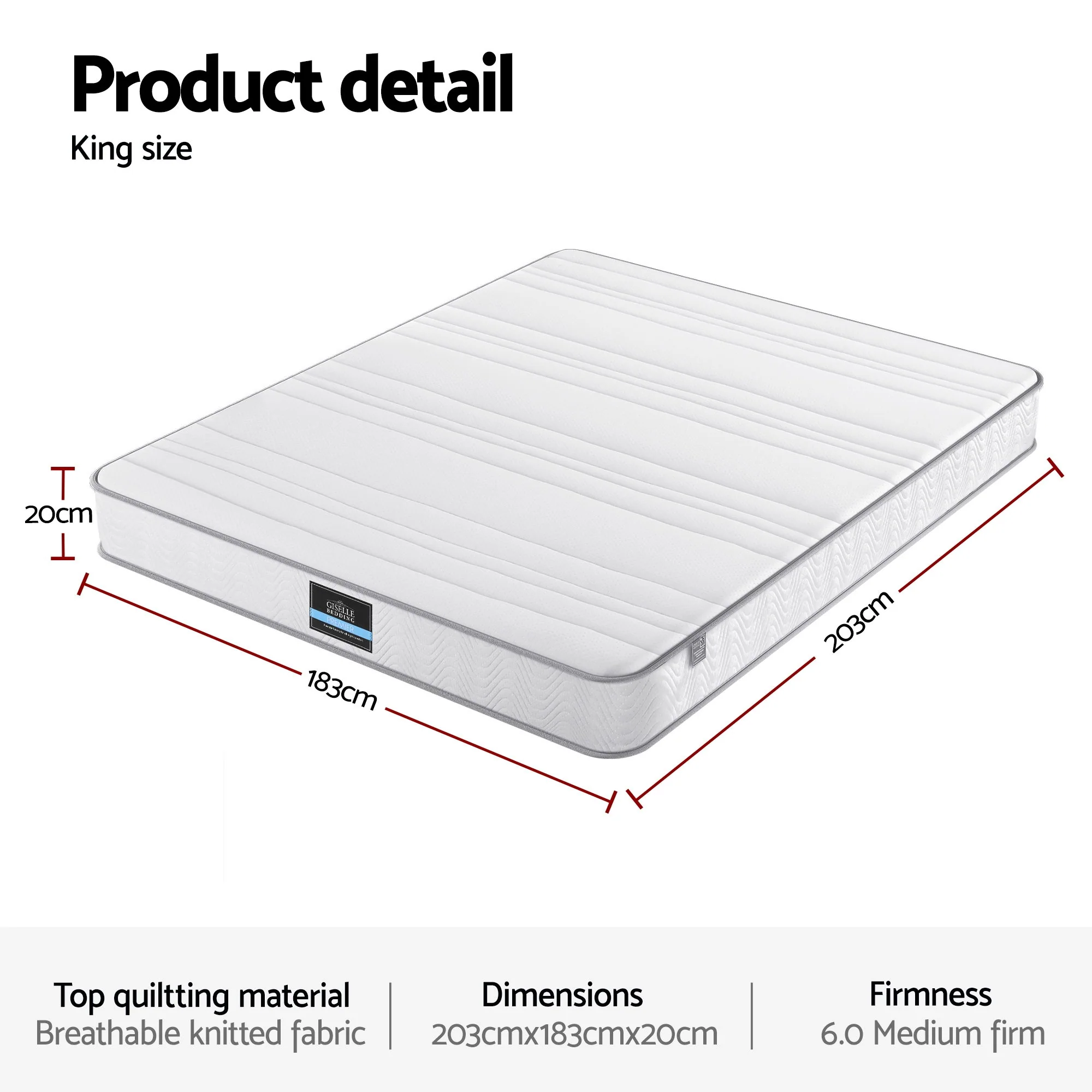 Giselle King Mattress 20cm with Reinforced Edge Support Egg-Crate Foam - Image 2