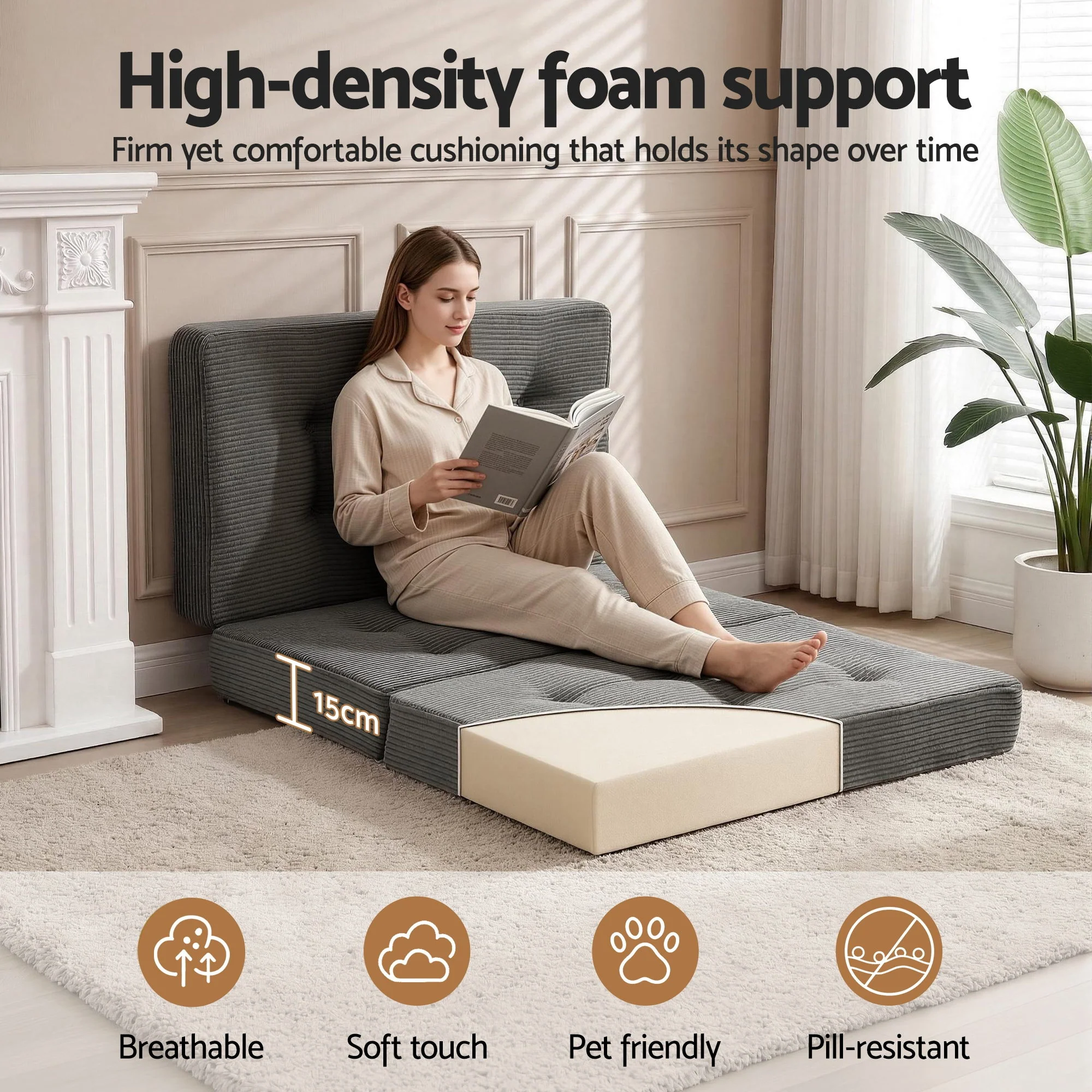 Giselle Single Folding Mattress 15cm Foldable Foam Portable Guest Sofa Bed Camping Mat - Image 5