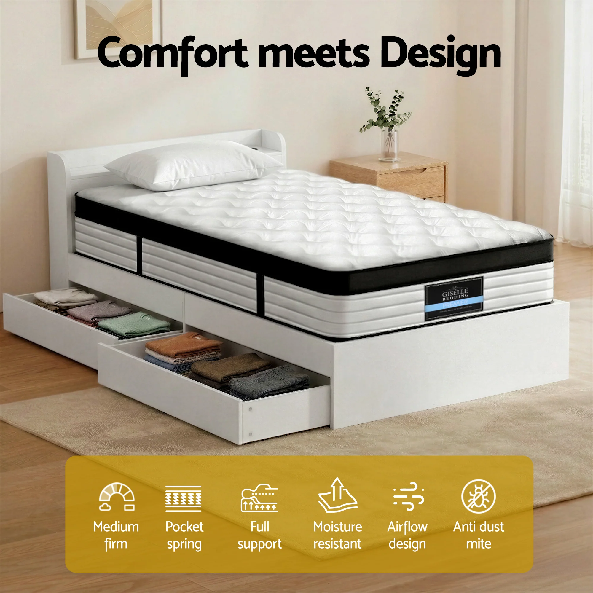 Giselle Single Mattress 5-zone Pocket Spring Mattresses with Artiss Wooden Storage Bed Frame Set - Image 4
